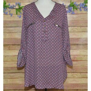 Rue + Women's V-Neck Blouse 2X 3/4 Roll Tab Sleeves Zip Up Faux Pockets Tunic